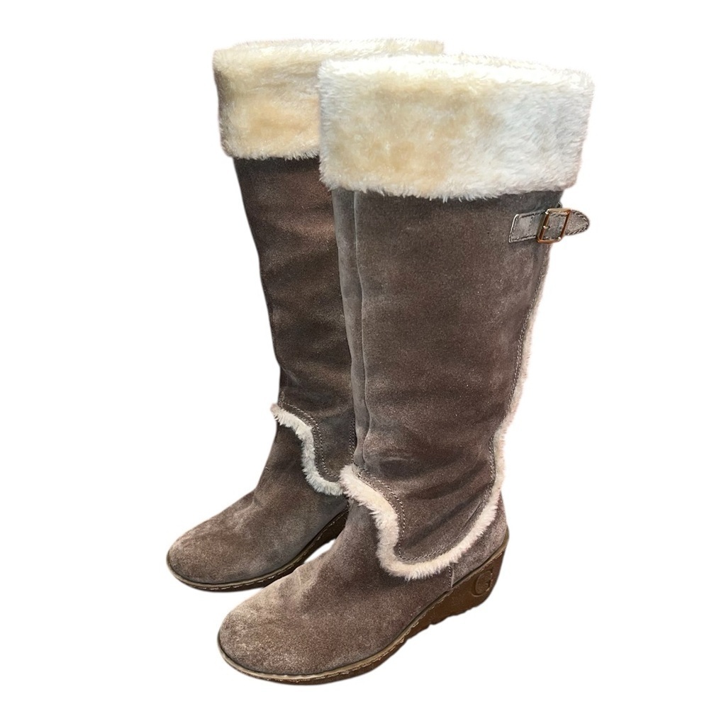 Guess Jefter Taupe Natural Suede Olive Green Tall Wedge Heel Boots Size 7.5 - Picture 3 of 13